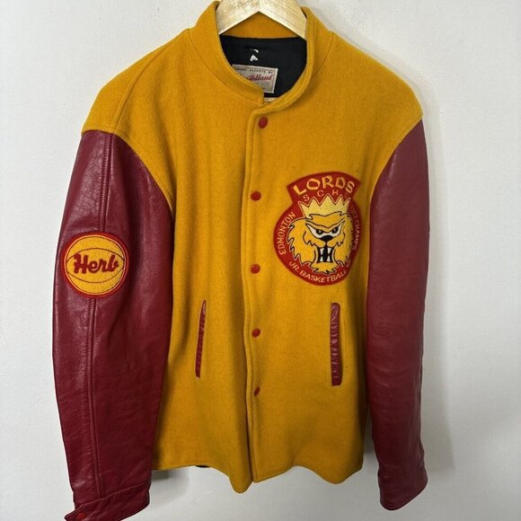 Vintage 1966 Varsity Men M/L Basketball Lords Edmonton Leather Wool Jacket - Picture 1 of 11